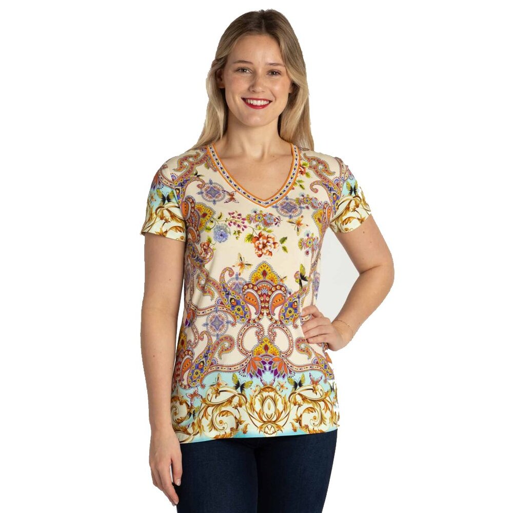 Johnny Was Janie Favorite Scroll Tee Short Sleeve V Neck Shirt White Gold Top NW